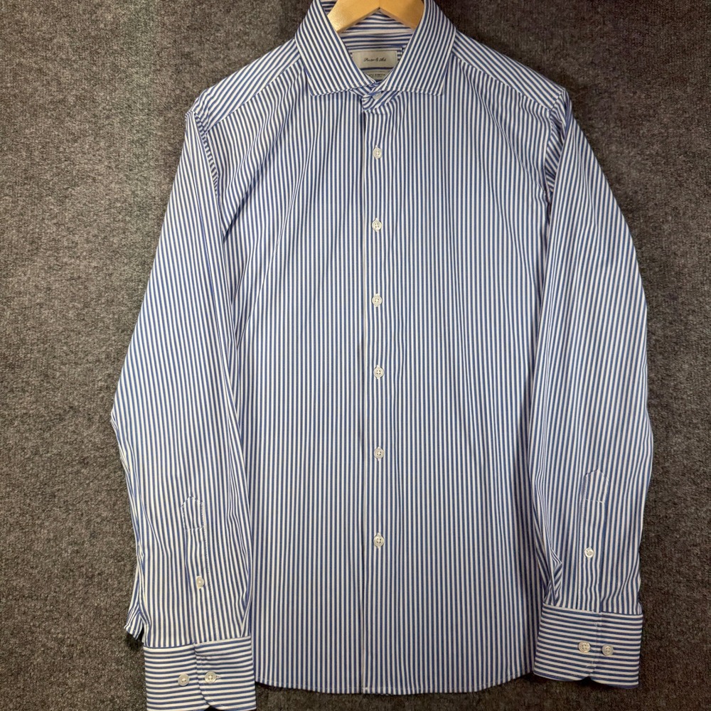 Porter & Ash Kinetic Stretch Shirt Mens Large Blue White Striped Performance